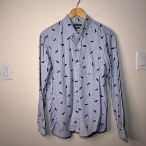 Bonobos Shirt Men's LG Blue Feather Print Cotton Preppy Classic